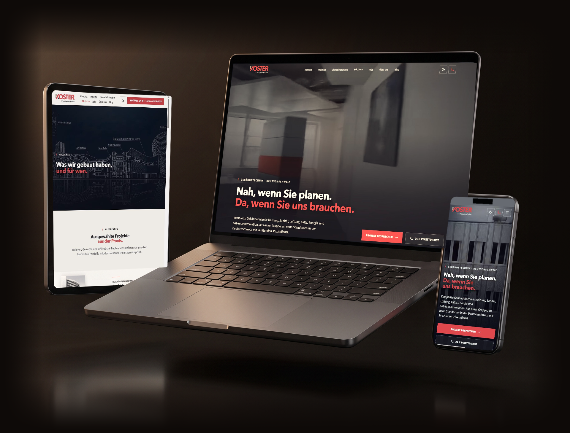 Die Website der Koster AG auf Laptop, Tablet und Handy